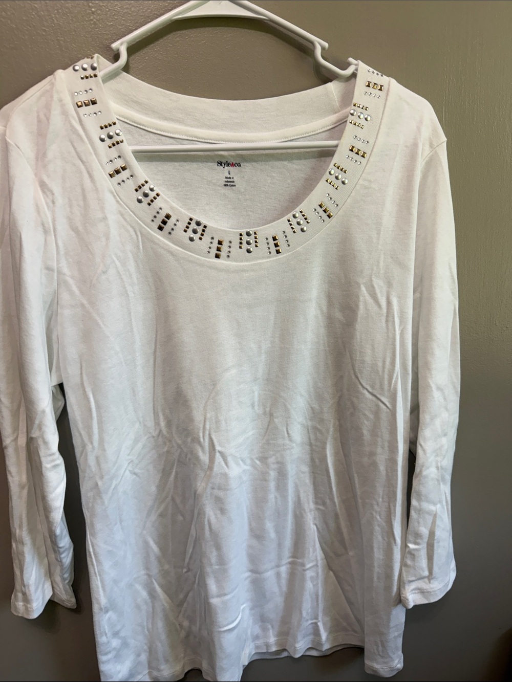 Style & Co. White Long Sleeve Scoop Neck Top with Studded Trim